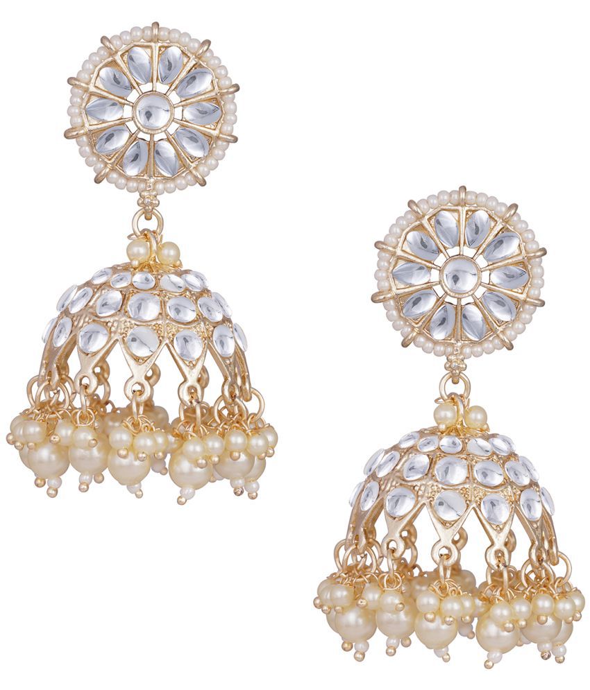 Fashionable Gold Tone Kundan Studded Pearl Drop Jhumki Earrings for Women and Girls