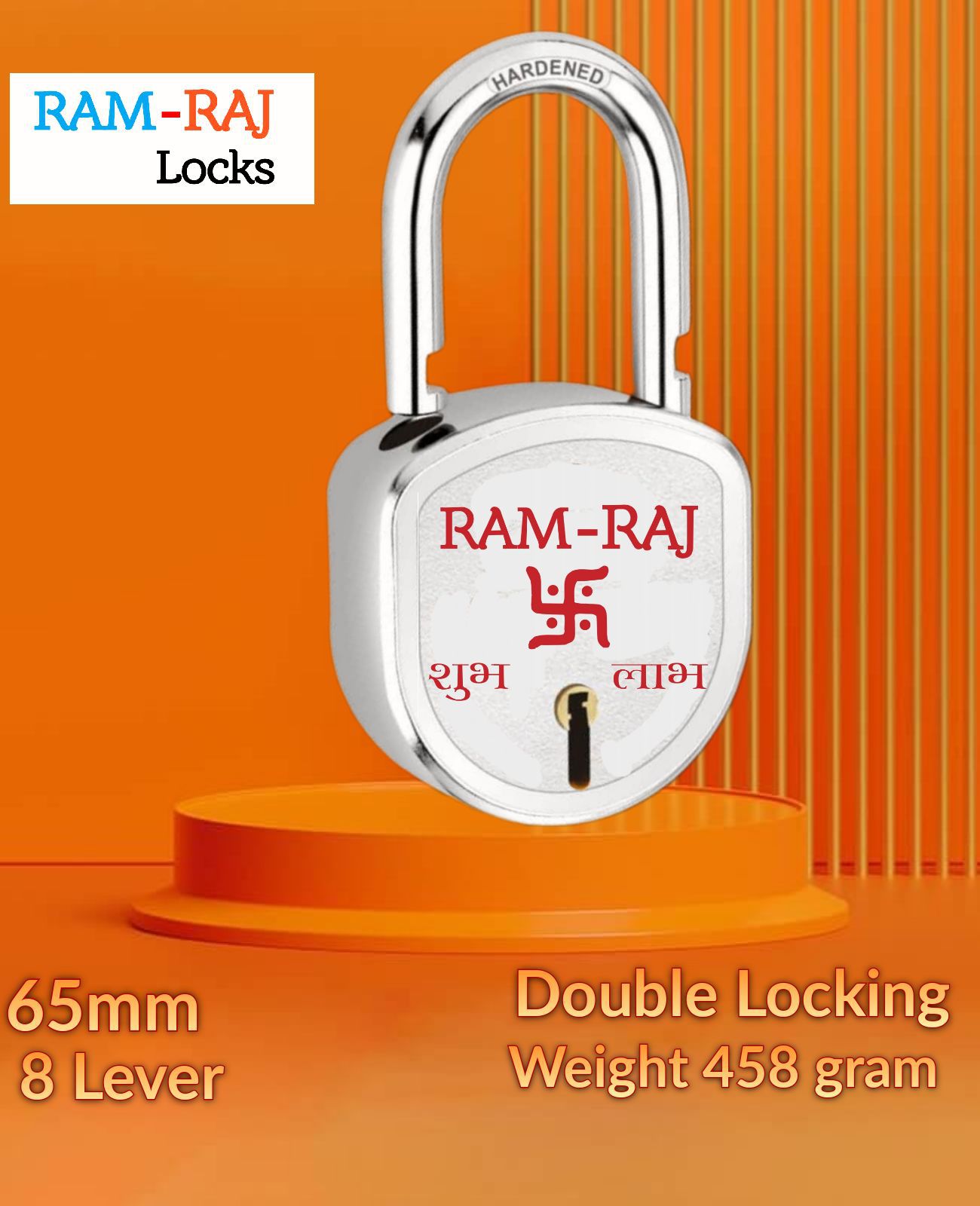     			RAM-RAJ Shubh Labh Door Lock with 3 Keys Link Steel 65mm, Double Locking, 8 Lever Lock for Home, Gate, Door, Shop, Shutter ( Finish Silver, Original Aligarh Lock)