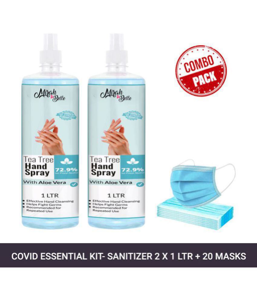     			Mirah Belle Tea-Tree Aloe Vera Hand Rub Spray1LTR (Packof2) & 20 Masks Sanitizers 2000 mL Pack of 2