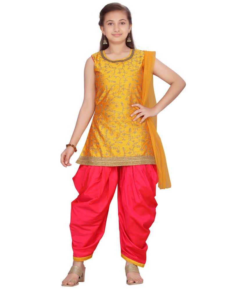 MUHURATAM Girls Rani-Yellow Color Embroidery Work Kurti Patiala Set ...