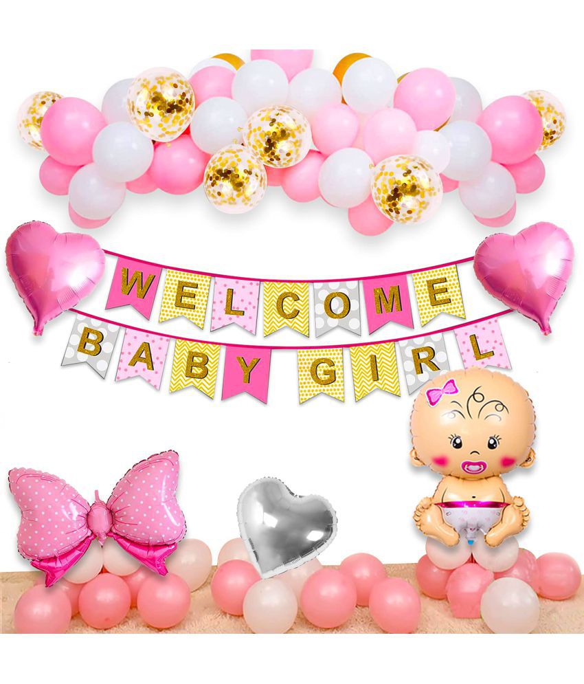     			Party Propz Baby Girl Welcome Home Decoration Kit 51Pcs Bunting, Balloon with Pink Butterfly Foil Balloon for Baby Shower / Welcome Party / Birthday Party Supplies