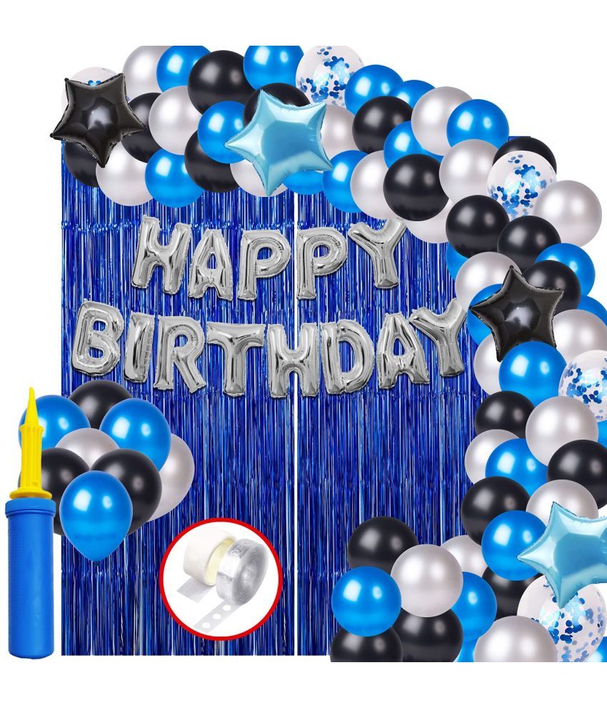     			Party Propz happy birthday balloons Decorations Set - 60Pcs Bday, Star Foil Balloon, Blue Black Metallic balloons, Foil Curtain, Pump - Theme Decoration For Husband, Wife Brithday Celebrate Ka Saman