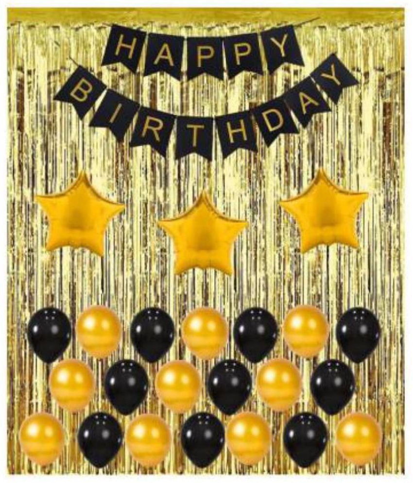     			Pixelfox Happy Birthday Black Banner + 2pcs Gold Curtains + 3pcs Gold Star (10inch) + 50pcs Black & Gold Metallic Balloons Combo