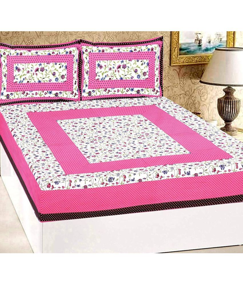    			Frionkandy Cotton Queen Bed Sheet with Two Pillow Covers - Pink