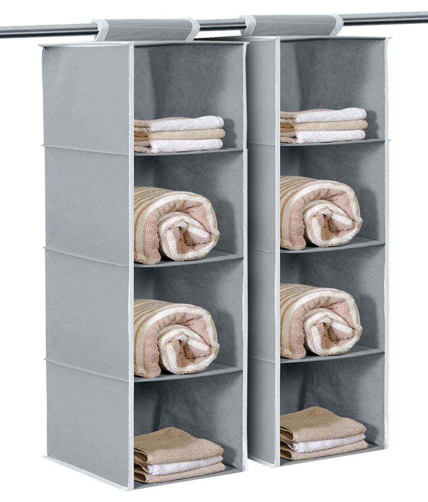     			Non Woven Foldable Hanging 4 Shelves Wardrobe/Closet Cloth storage Organizer (Grey)-Pack of 2