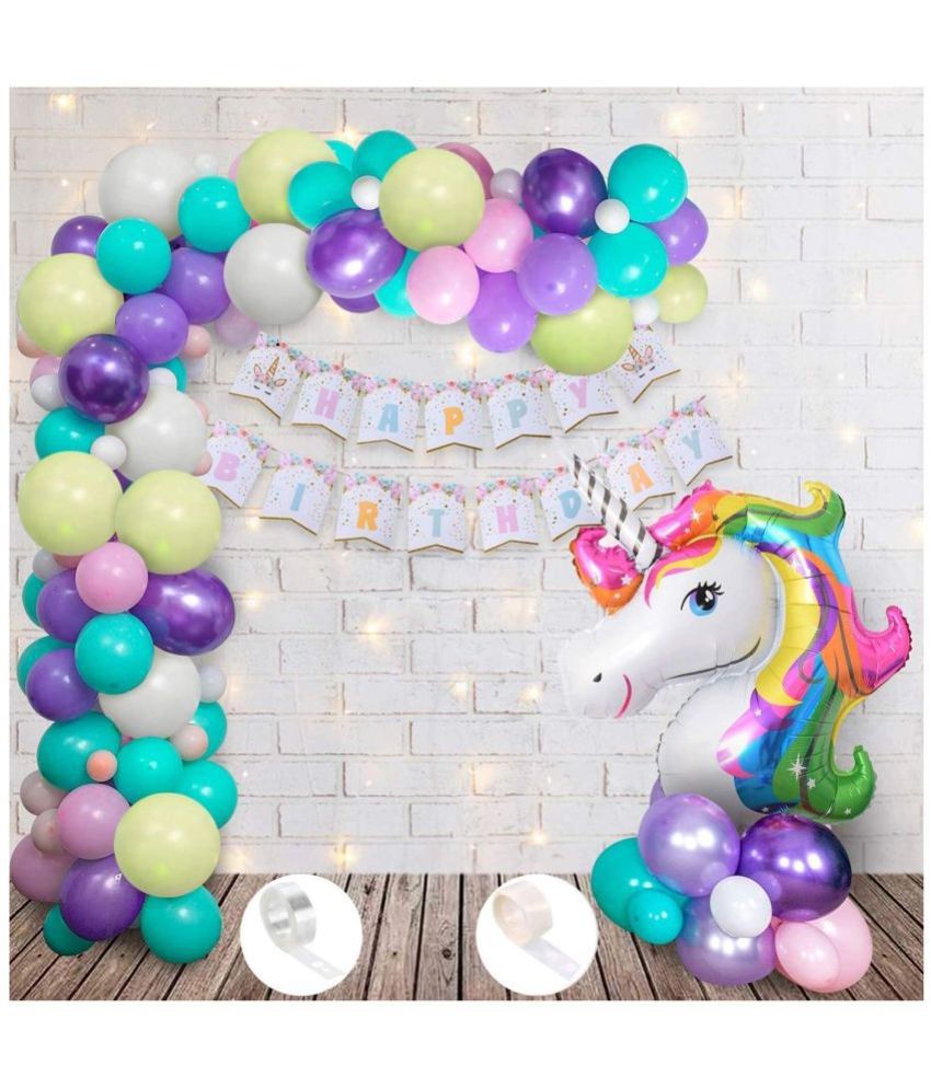     			Party Propz Unicorn Theme Birthday Decorations Items with Led Lights- 65Pcs for Kids Girls Or Boys Bday Decor/Includes led Light, Pastel Balloons, Banner, Foil Balloon, arc Strip and Glue dot