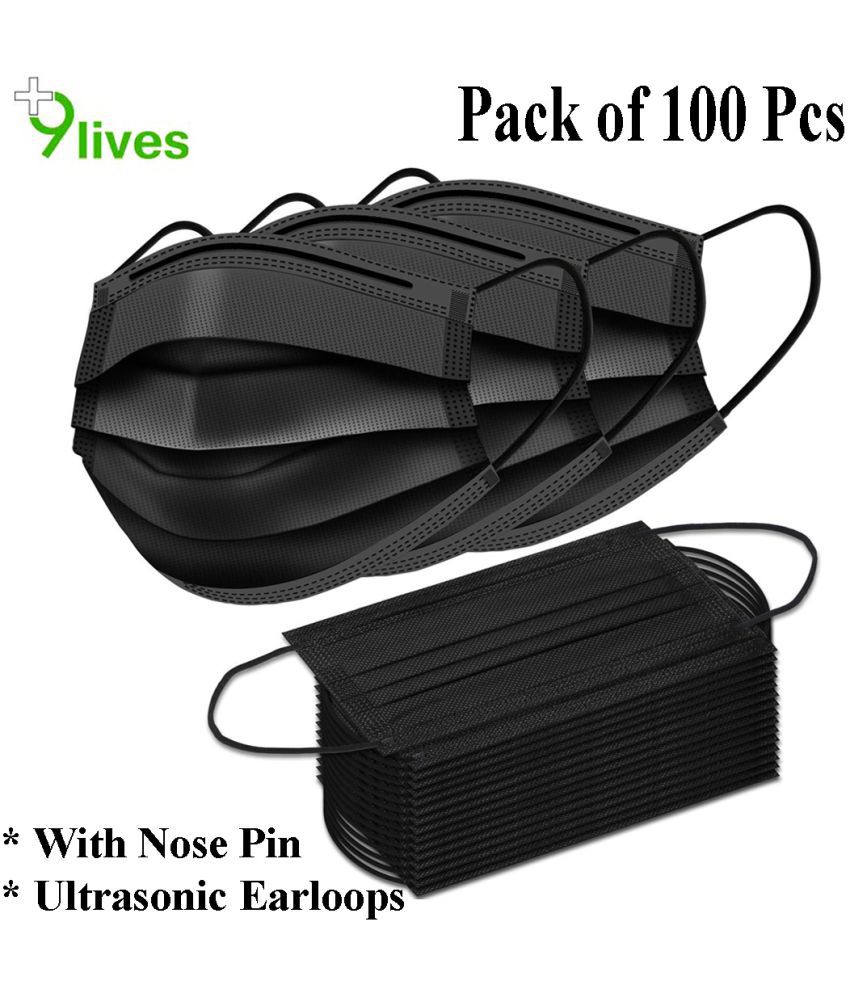     			9Lives 3 Ply Anti Viral, Anti Pollution Surgical Disposable Face Mask With Nose Pin- Pack of 100 (Black)