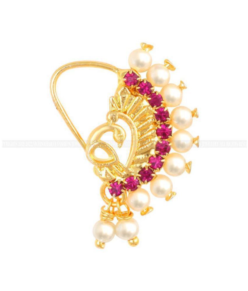     			Vighnaharta Gold Plated Mayur Design Red Stone with Pearls and AD Stone Alloy Maharashtrian Nath Nathiya./ Nose Pin for women VFJ1018NTH-TAR