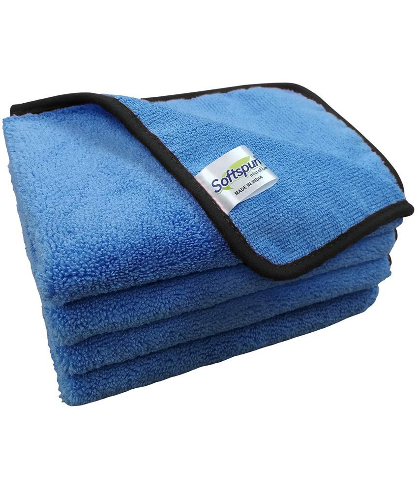 SOFTSPUN Microfiber High, Loop Silk Banded Edge,Cloth 40x40Cms, 4Piece Towel Set, 380GSM (Sky Blue) Thick Lint & Streak-Free Multipurpose Cloths.