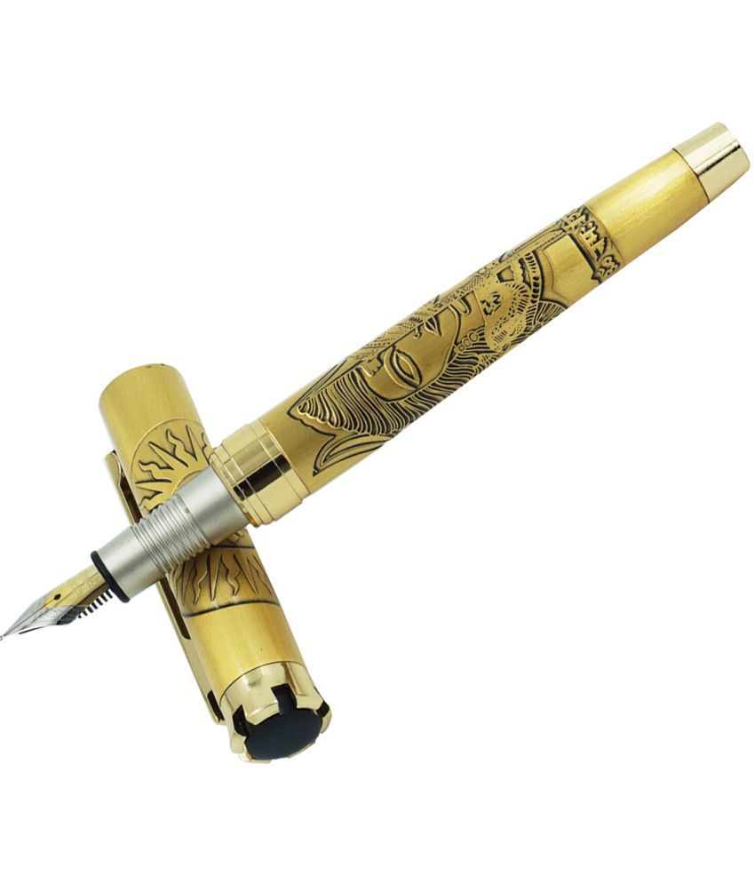     			auteur Crown Metal Body , Golden Color Fountain Ink Pen, Medium Nib With Blessings Of Lord Shiva & Shakti Engraved In Beautiful Ardhnarishwar Roop & Om Engraved On Smart Crowned Cap Packed In A Gift Box .