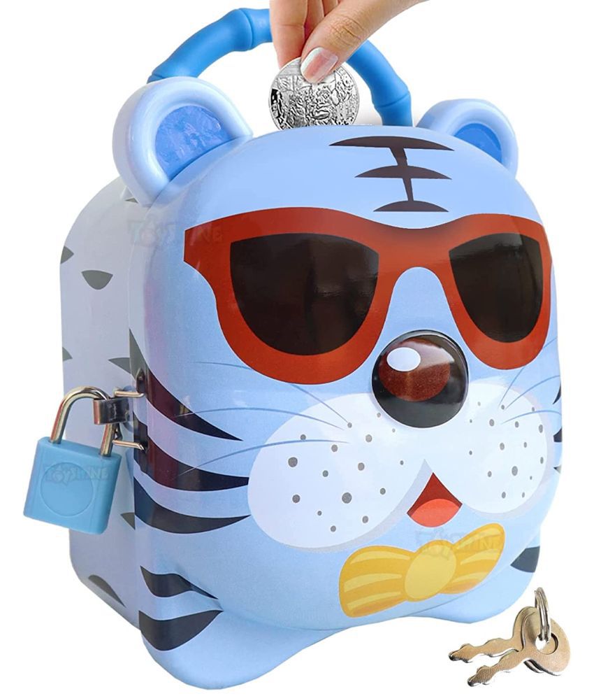 Toyshine Cute Tiger Money Safe Piggy Bank with Lock, Savings Bank for Kids, Made of Tin Metal - Blue