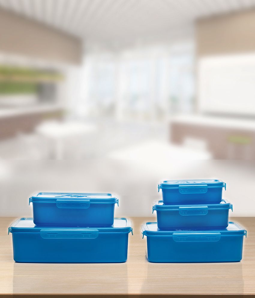     			HOMETALES Plastic Multi-Purpose Rectangle Food Container 3000ml, 2000ml, 1000ml, 650ml, 330ml, Blue (5U)