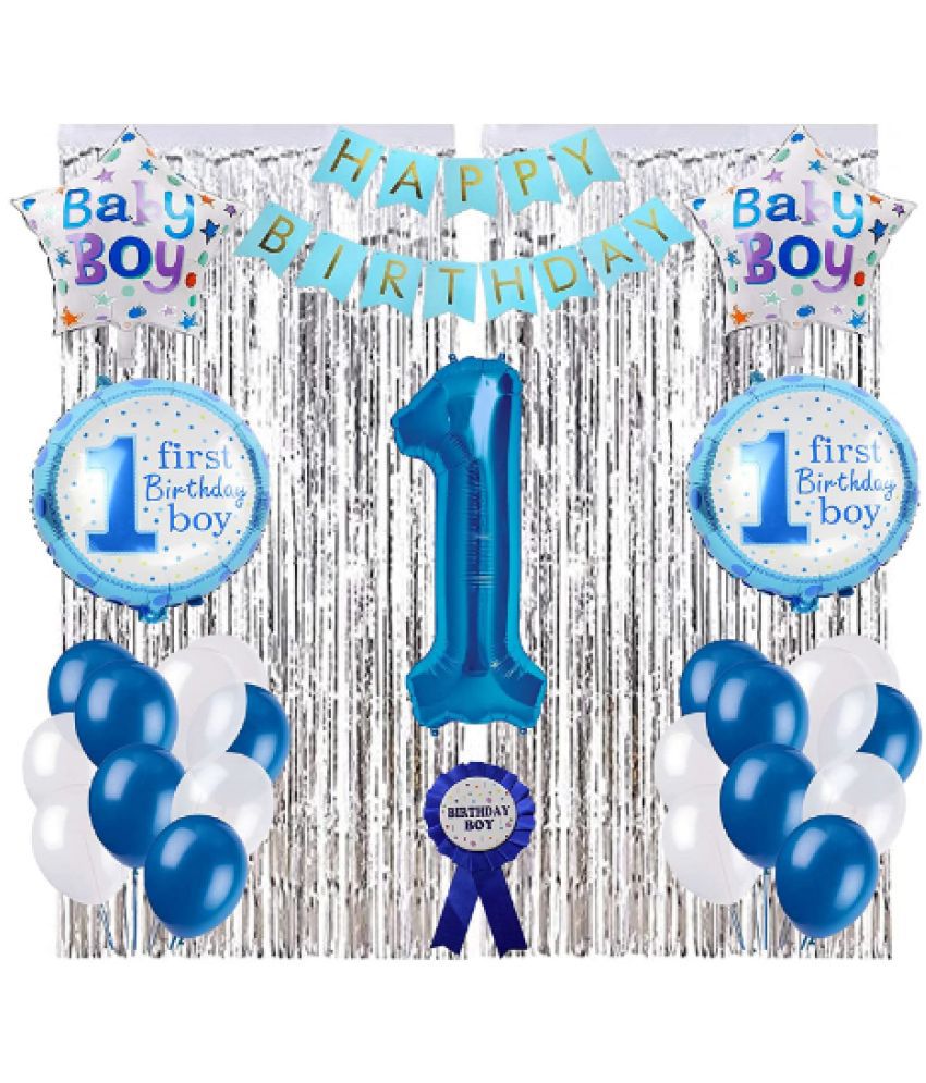     			Blooms Event  Boy First Birthday Decorations Items Combo Set of 52 Pcs for Baby Boy, 1st Birthday Decoration foil Balloons, Blue & White Balloons, Silver Curtains, Bday Boy Badge