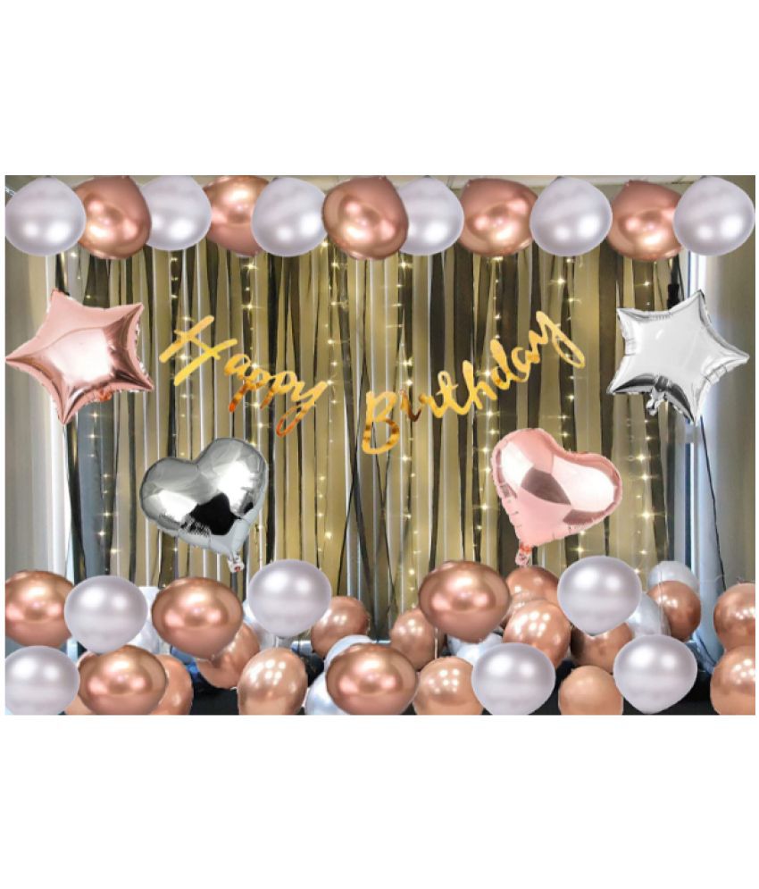     			Blooms Event rosegold silver Happy Birthday Decoration Combo Kit with Banner, Balloons, stars 35pcs for Birthday Decoration