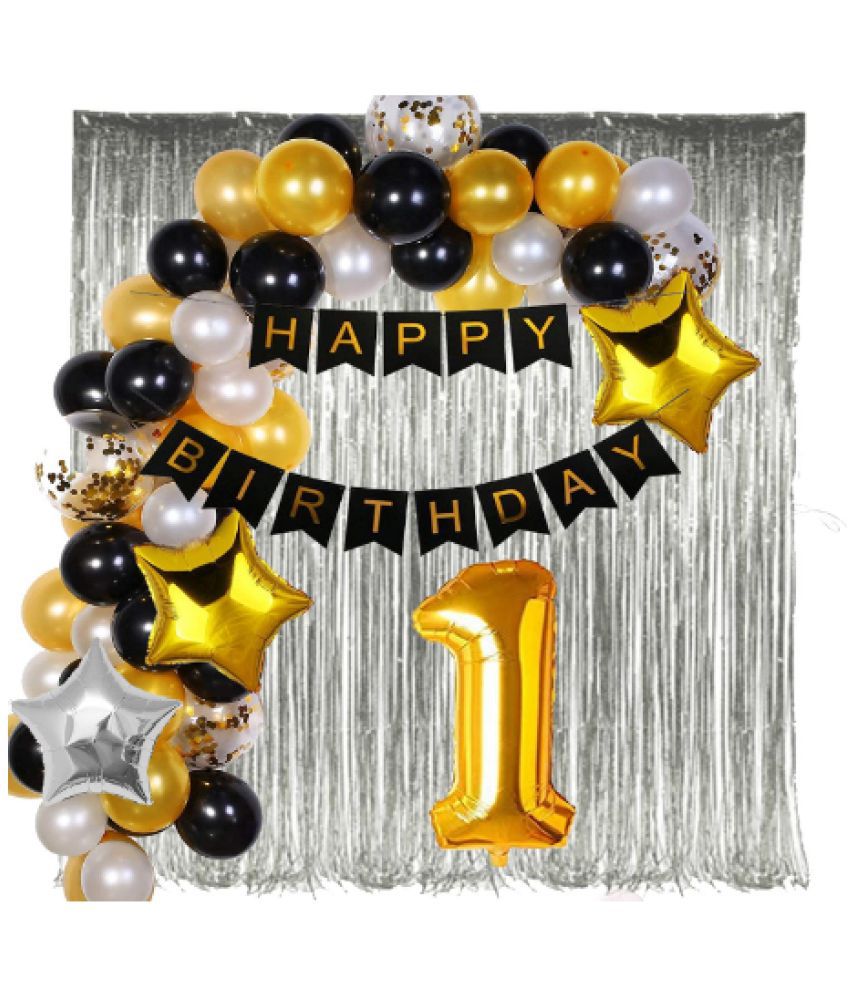     			Blooms Event1 Year Decoration Kit 69 PCS Banner, Golden Confetti, Gold, Silver, Black Metalic, Star Foil Balloon