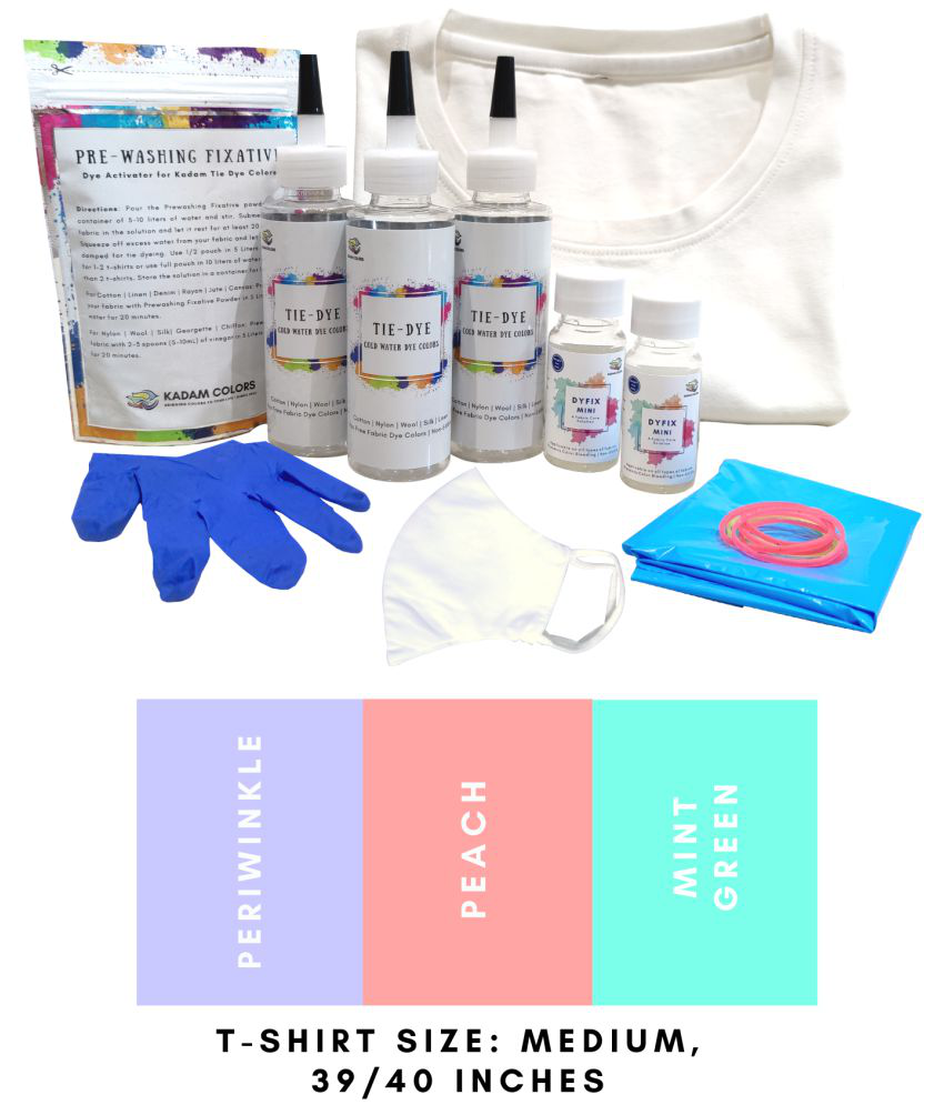 Kadam Tie Kit #19 Mint with Medium Size White T-Shirt, 100% Cotton Unisex, 180 GSM T-Shirt, Dye Activator and Color Fixative Included, Cold Fabric Dyeing Dye