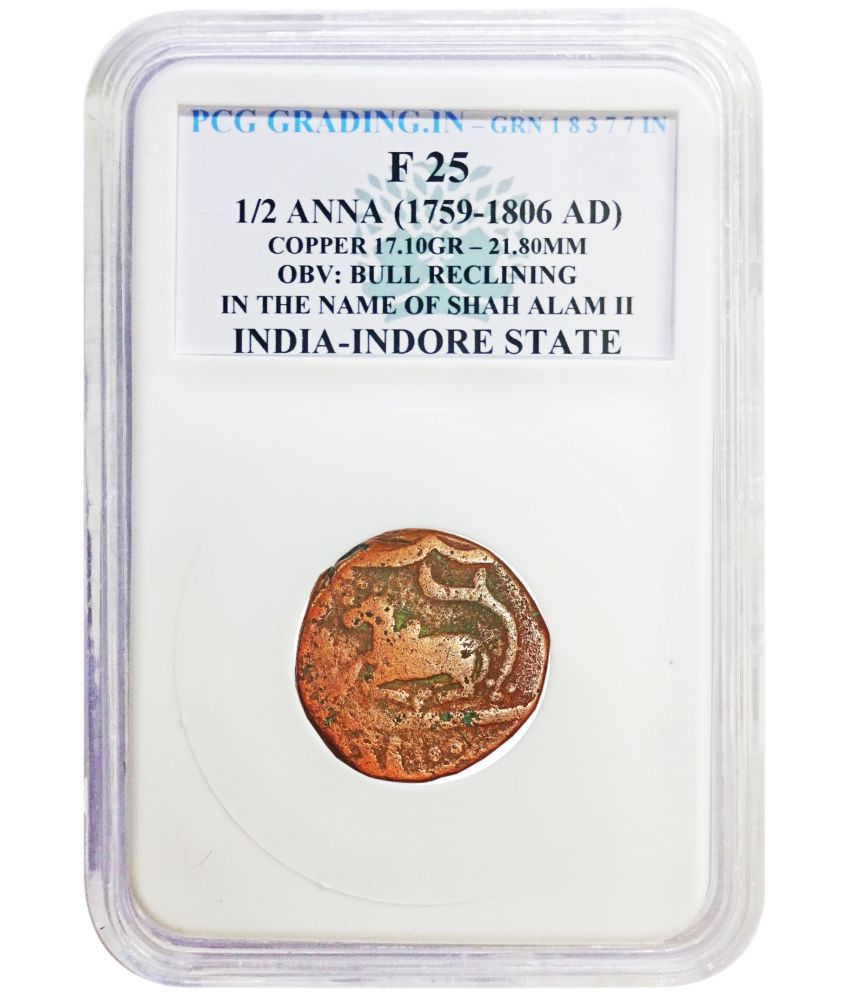     			(PCG Graded) 1/2 Anna (1759-1806 AD) Obv: Bull Reclining In the Name of Shah Alam II India-Indore State PCG Graded Copper Coin