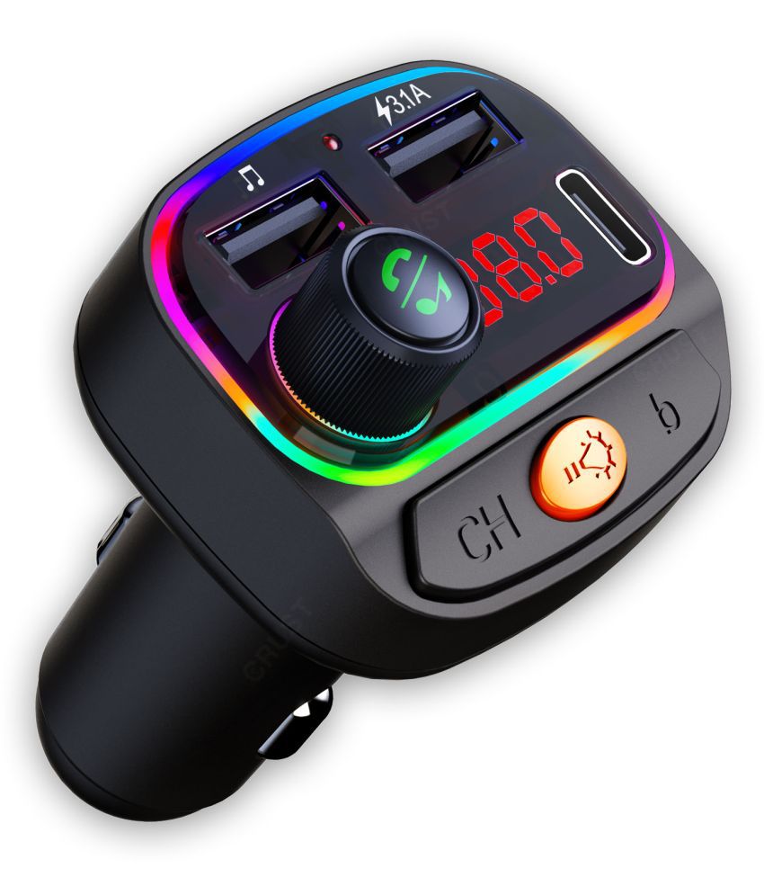 CRUST CS30 Car Bluetooth Device with Call Receiver, FM Transmitter for Music System & Dual USB + Type C Fast Charger; 7 Colour LED Lights; 6 Equalizer Presets; USB MP3 Audio Playback; Voice Assistant