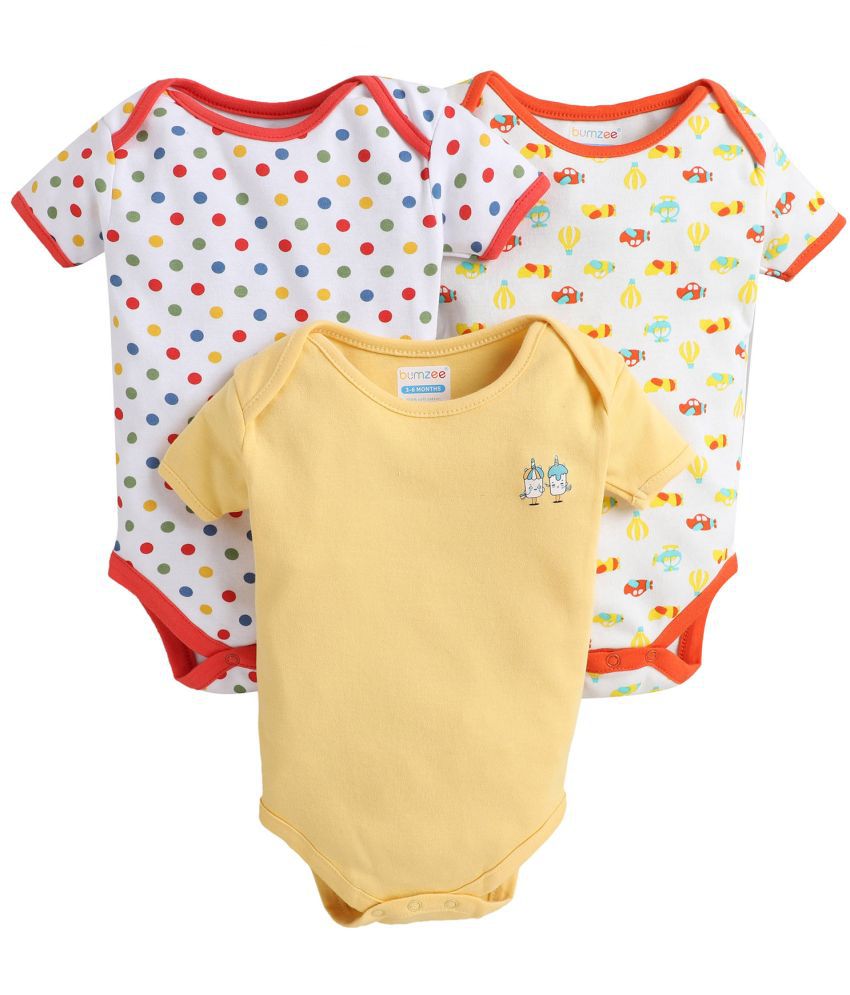     			BUMZEE White & Yellow Half Sleeve Baby Boys Bodysuit Pack Of 3 Age - 9-12 Months