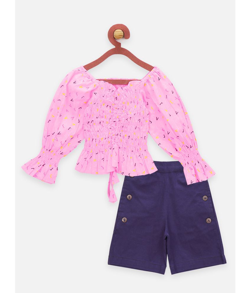     			Neon Pink and Navy Smocking Top With Shorts Set