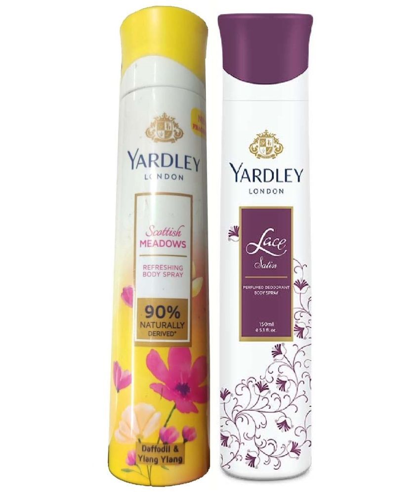     			YARDLEY LONDON 1 SCOTTISH MEADOWS , 1 LACESALIN BODY SPRAY  150 ML EACH,PACK OF 2 .