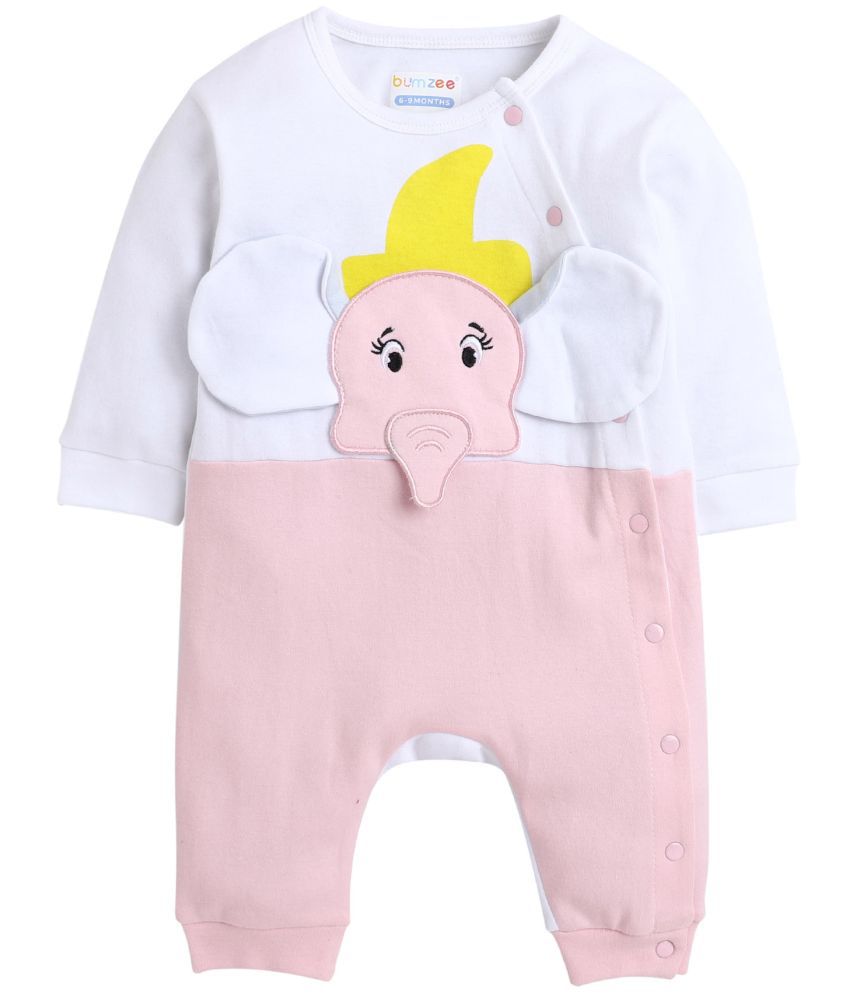     			BUMZEE Off White & Pink Full Sleeves Girls Elephant Print Sleepsuit Age - 9-12 Months