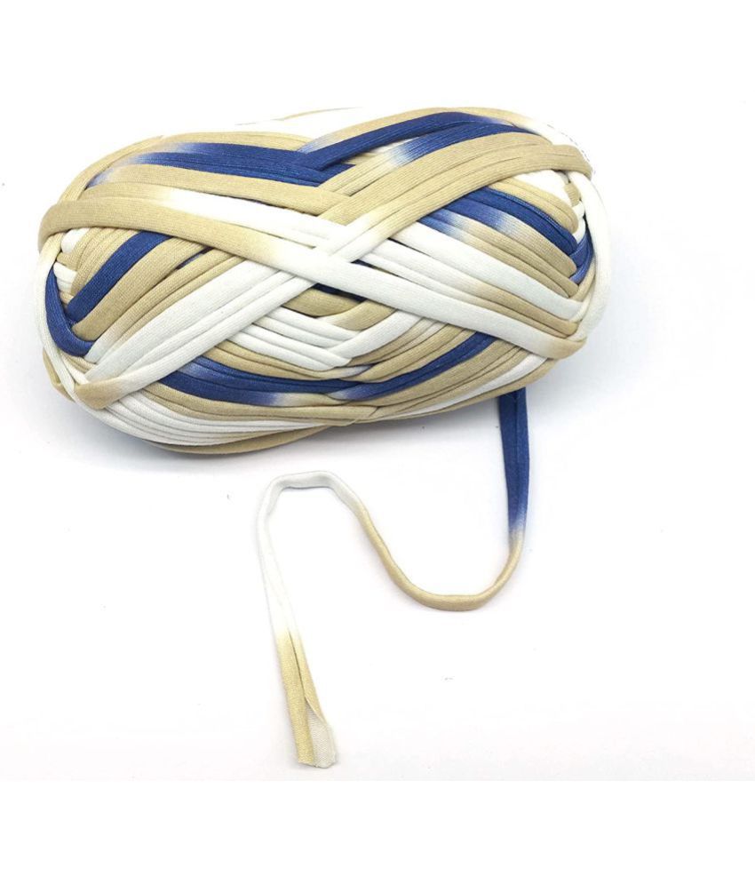     			PRANSUNITA T-Shirt Yarn Carpet, Knitting Yarn for Hand DIY Bag Blanket Cushion Crocheting Projects TSH New 100 GMS (BISCUTI White Blue)