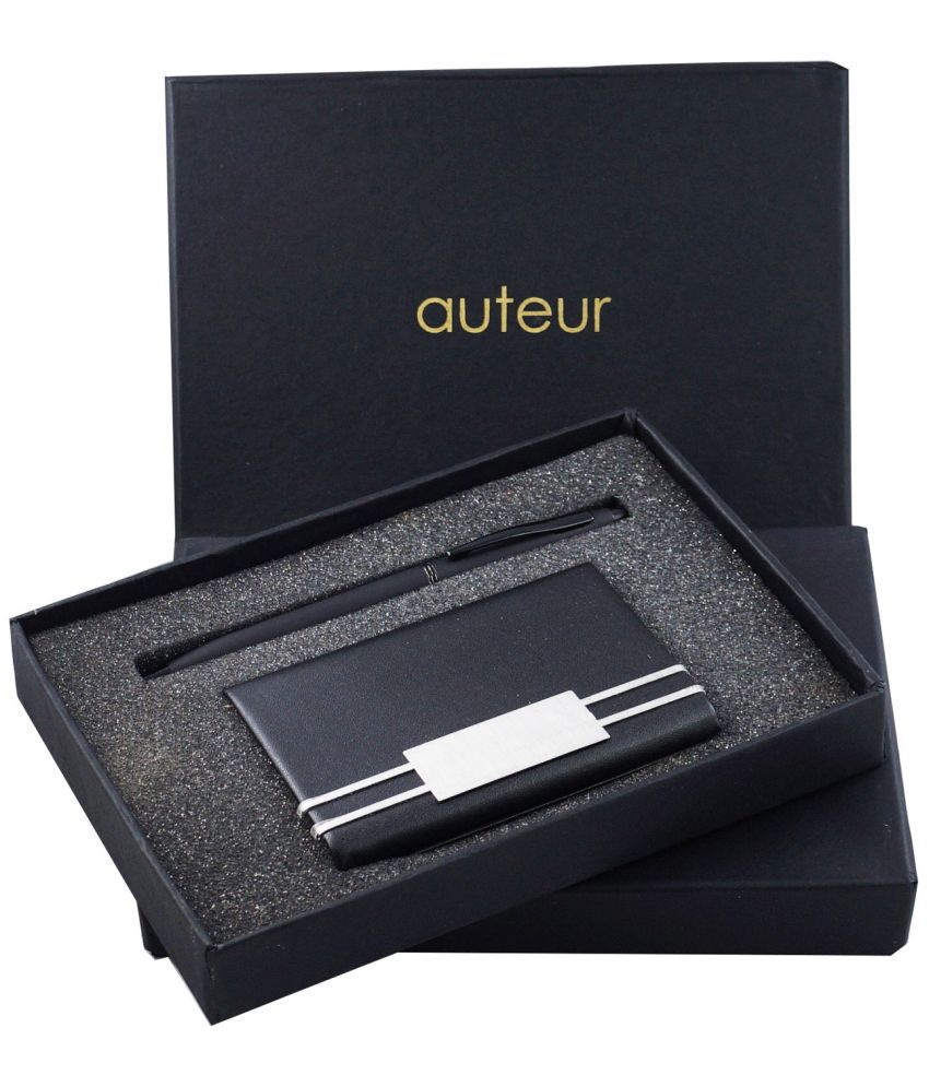     			Auteur 2-in-1 Premium Gift Set with a Black Metal Ball Pen and a Premium RFID safe Card Holder.