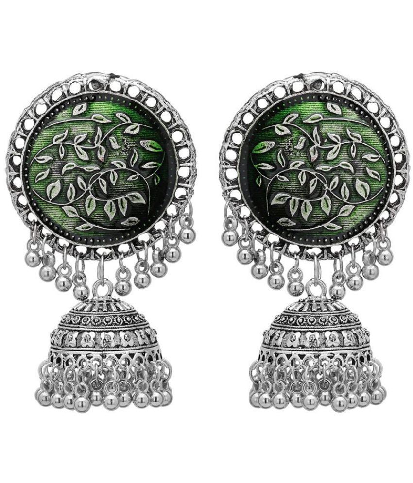     			Designer Traditional Oxidized Silver Afghani Style Big Jhumka Jhumki Colored Enamel Work Ghungroo Earrings for Women and Girls