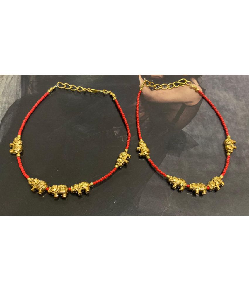     			Red Beads Oxidised Gold Anklet Nazariya Combo for Women and Girls