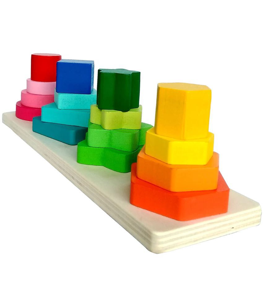 Toyshine Wooden Geometric Blocks Building Stacker Shape Sorter Column Puzzle Stacking Set (16 Pieces)- Multi Color