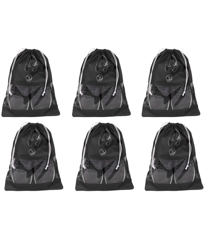     			E-Retailer Non Woven Fabric Travelling Shoe Organising Bag with Transperent Window for Boots & High Heel- Pack of 6pc,Black, (15x12 Inches)