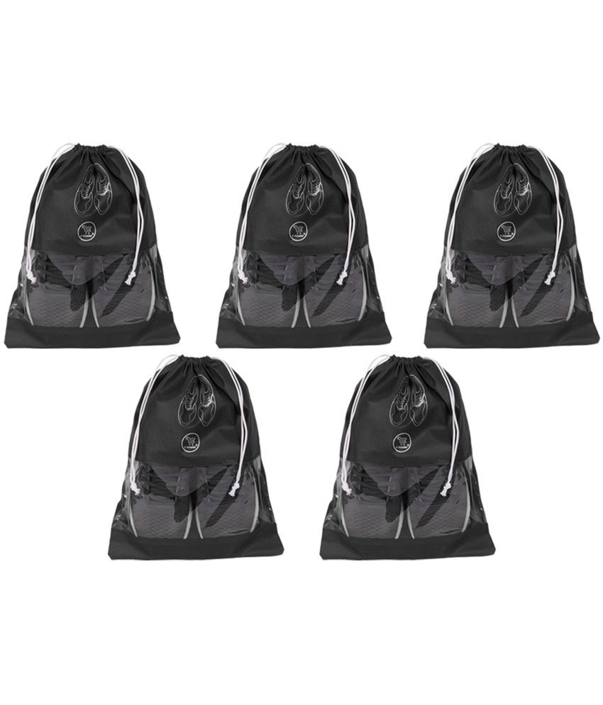     			E-Retailer Non Woven Fabric Travelling Shoe Organising Bag with Transperent Window for Boots & High Heel- Pack of 5pc, Black, (15x12 Inches)