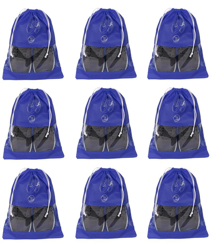     			E-Retailer Non Woven Fabric Travelling Shoe Organising Bag with Transperent Window for Boots & High Heel-Pack of 9Pc, Blue, (15x12 Inches)