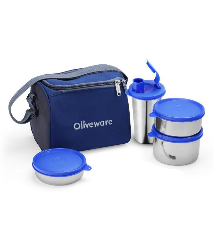     			Oliveware Milano Lunch Box, 3 Stainless Steel Containers and Sipper with Steel Spoon - Blue