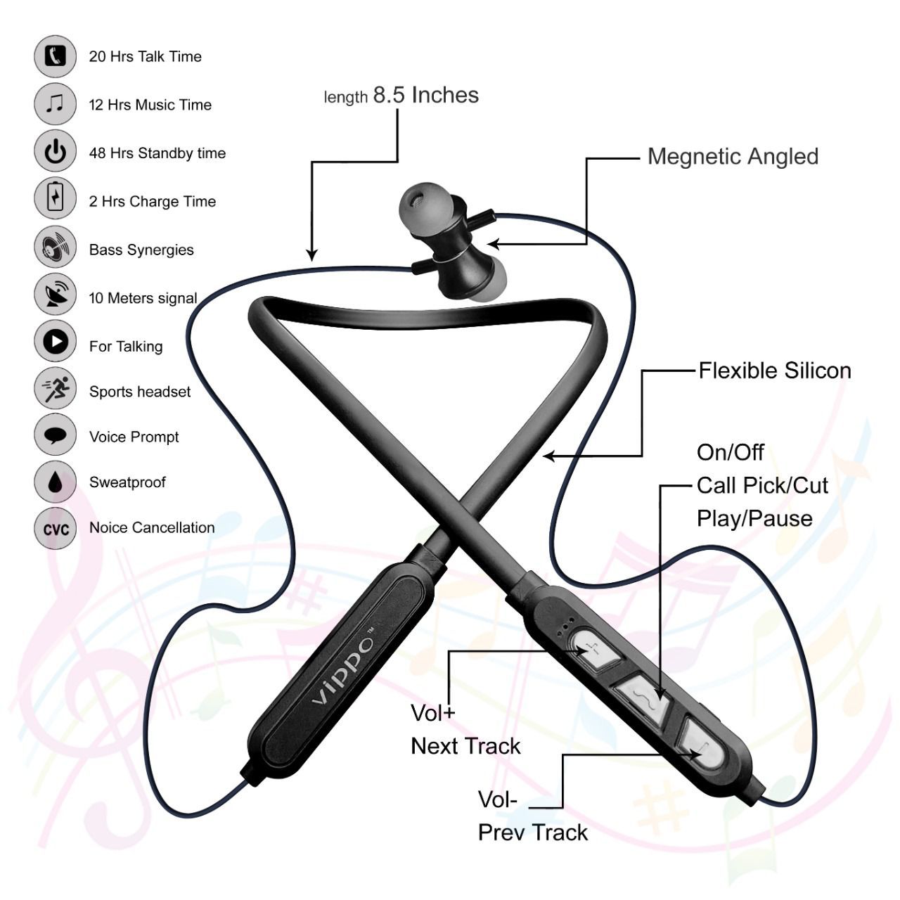 VIPPO VNB-941 (30 HOURS Music Playback BATTERY  Compatible ALL ANDROID AND IOS SYSTEM 5.0 Bluetooth ) Wireless SPORT HEADSET Magnetic Neckband With Bass Headphones/Earphones