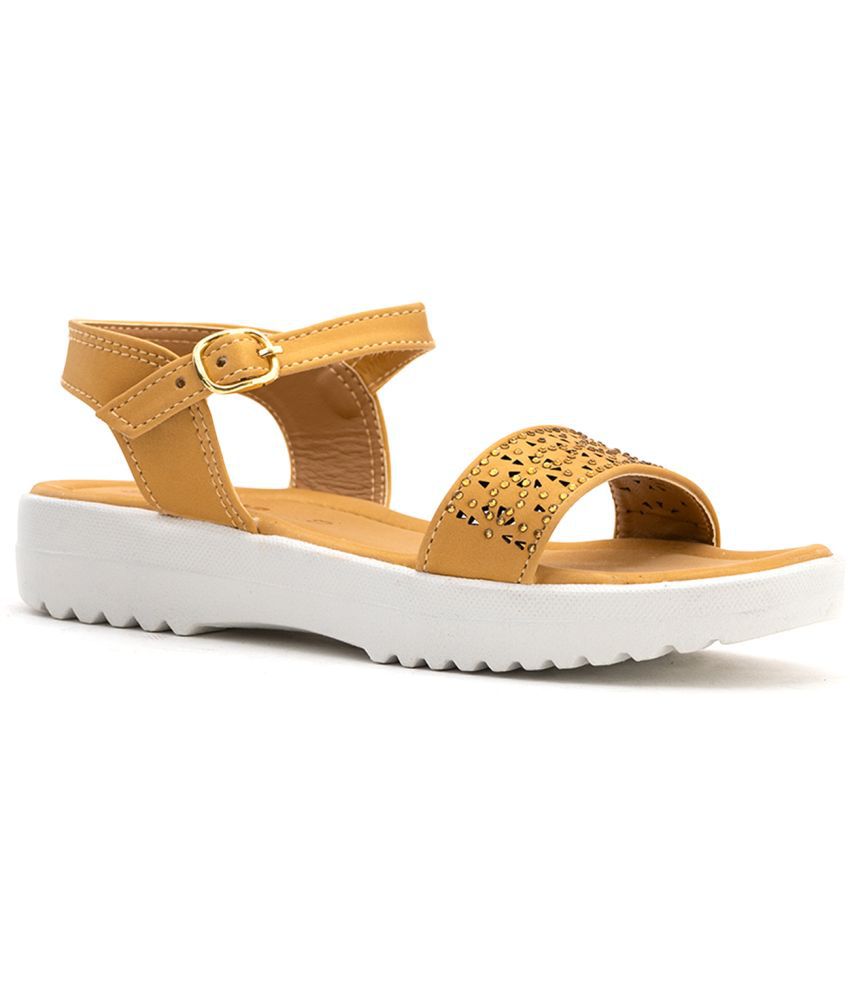     			Adrianna By KHADIM Synthetic Leather PVC Air Blown Sole Studs Gold Flats For Girls