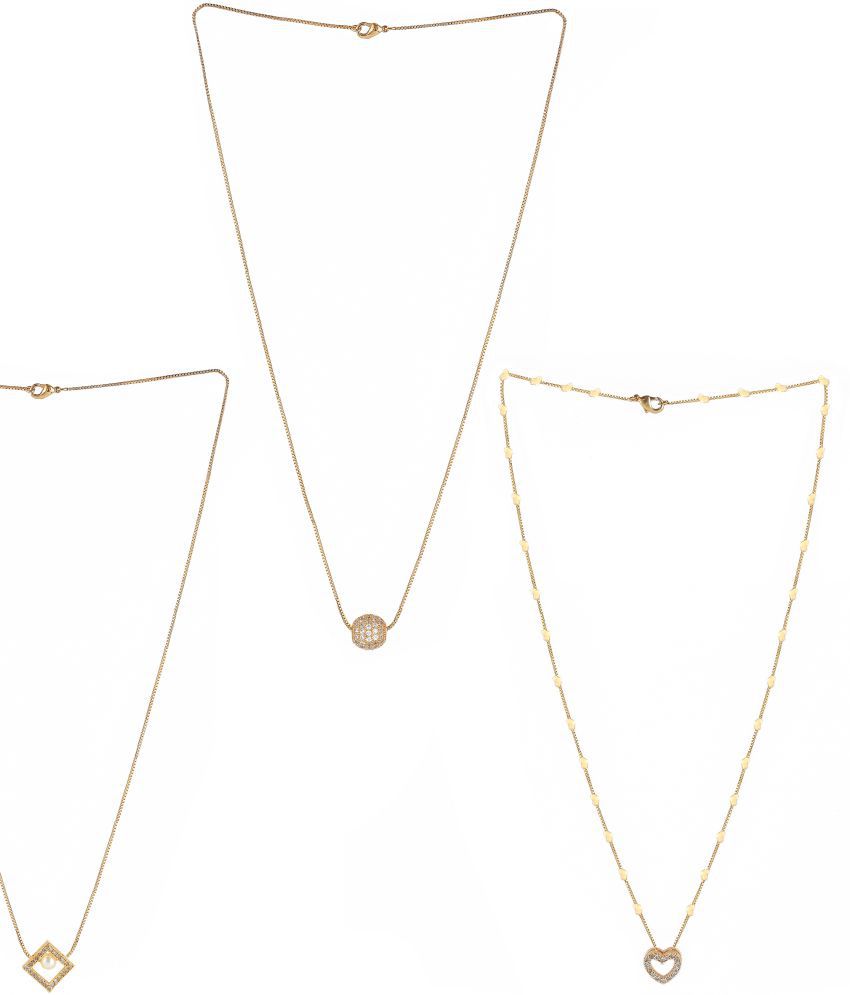     			Micro Gold Plated White American Diamond Square And One Love Heart Shape Pendant With Love Heart Chain Combo Of 3 Necklace Golden Chain Pendant for Women and Girls