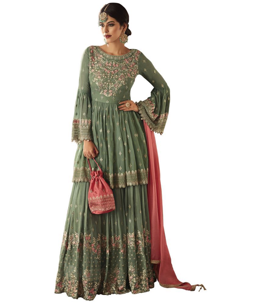 ZARIN TRENDZ Green Georgette Pakistani Semi-Stitched Suit - Single