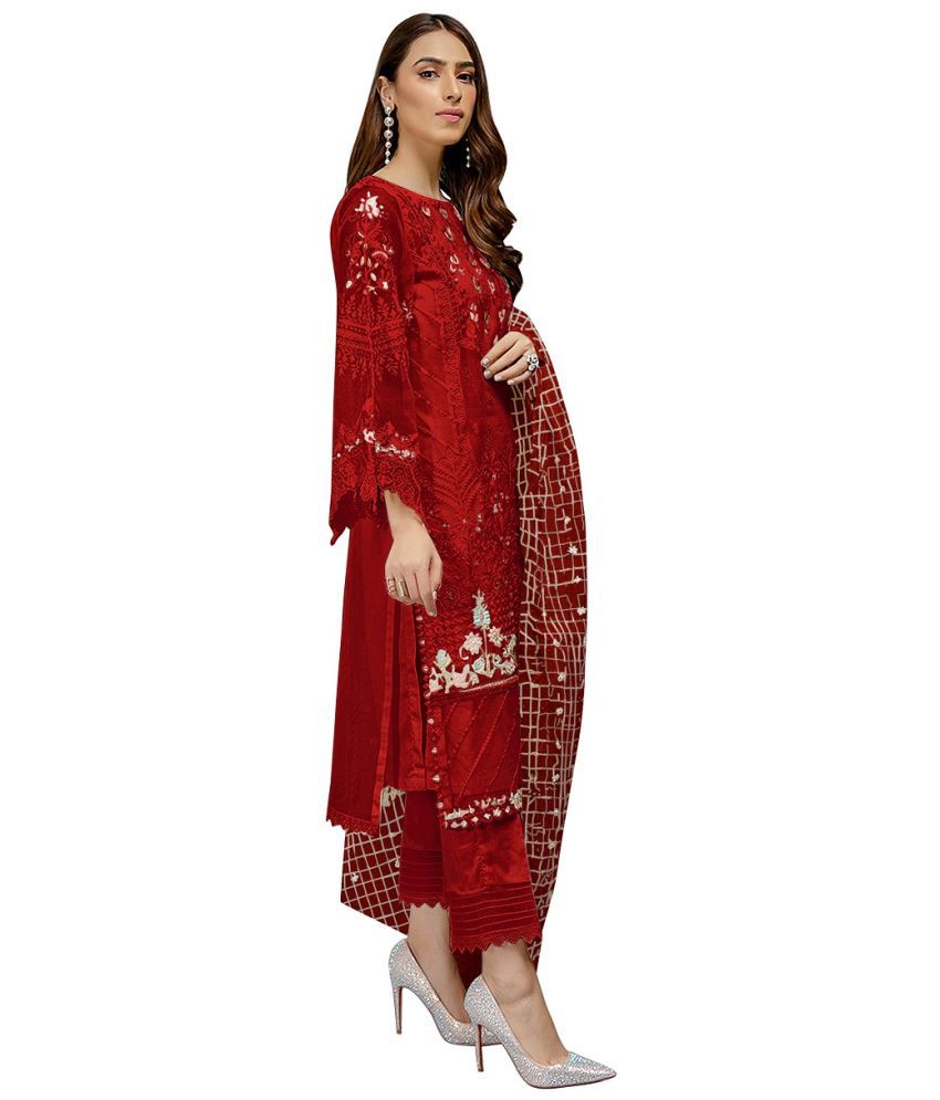 ZARIN TRENDZ Red Georgette Pakistani Semi-Stitched Suit - Single