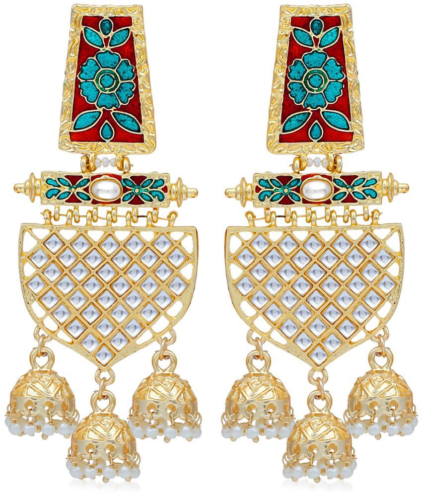     			Sukkhi Amazing Pearl Gold Plated Kundan Floral Meenakari Chandelier Earring For Women