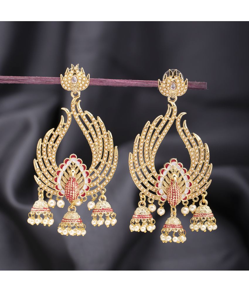     			Sukkhi Lavish Pearl Gold Plated Peacock Meenakari Chandelier Earring for Women