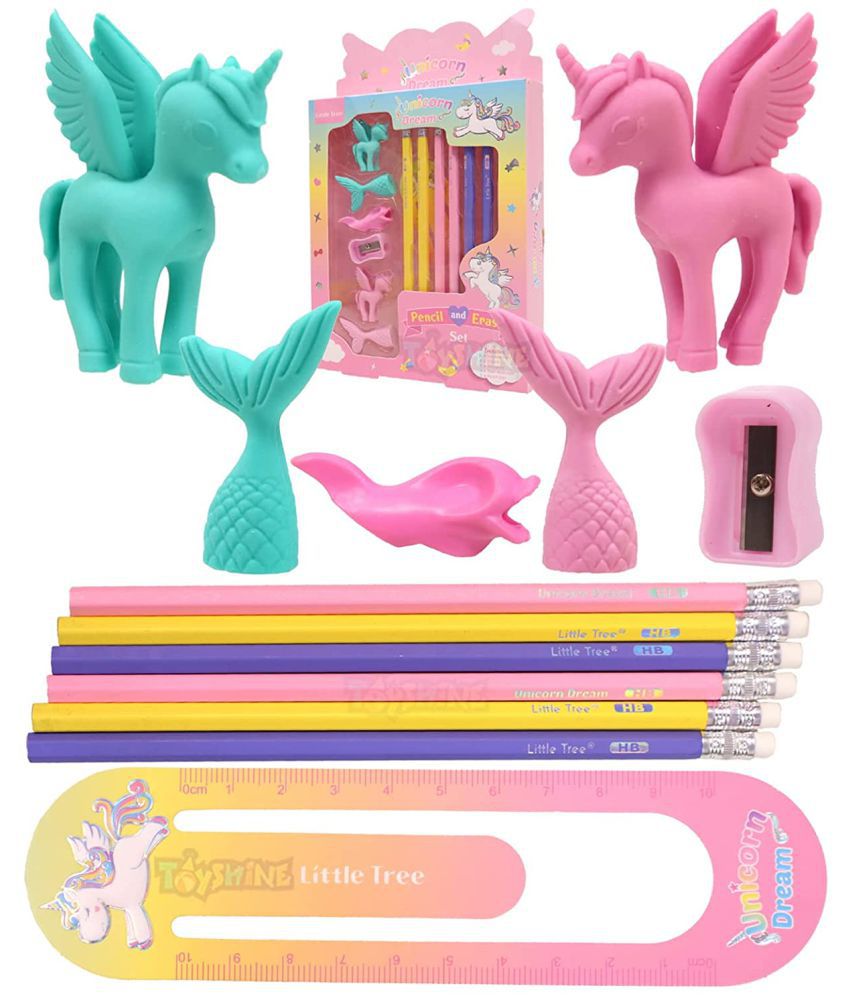 Toyshine Pack of 13 Unicorn Mermaid Erasers, Pencils and Sharper Set | Included 6 Pencils, 4 Erasers, 1 Scale, 1 Sharper, 1 Pencil Top