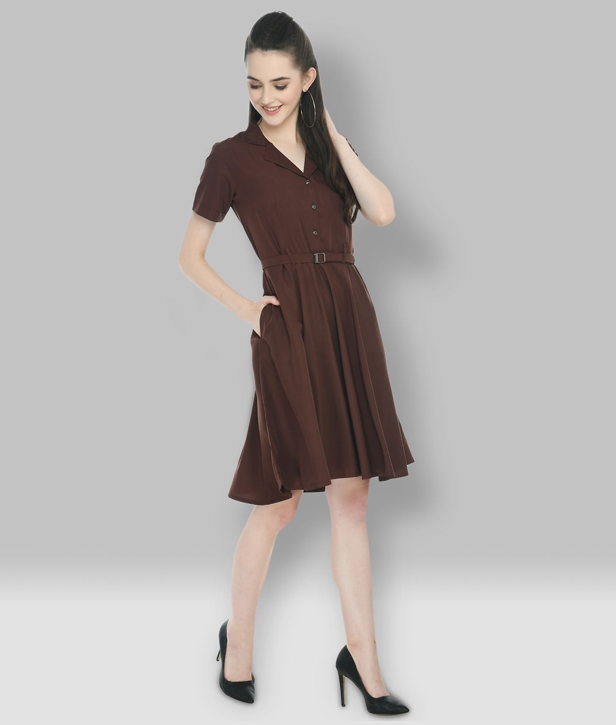     			Rudrakriti Crepe Brown A- line Dress - Single