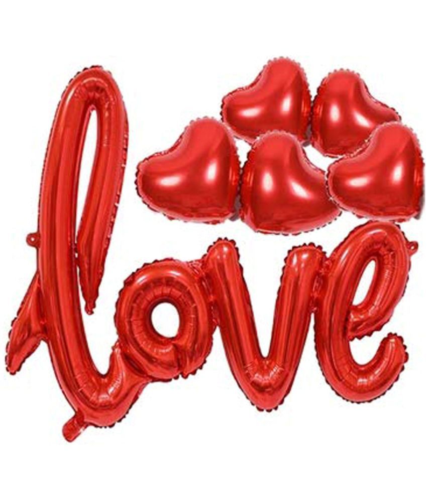     			Kiran Enterprises Red Cursive Love Foil Balloon + 5pcs Red Heart Foil Balloon