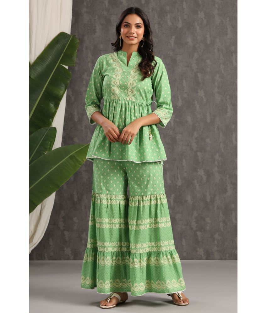 Juniper Green Cotton Ethnic Top With 