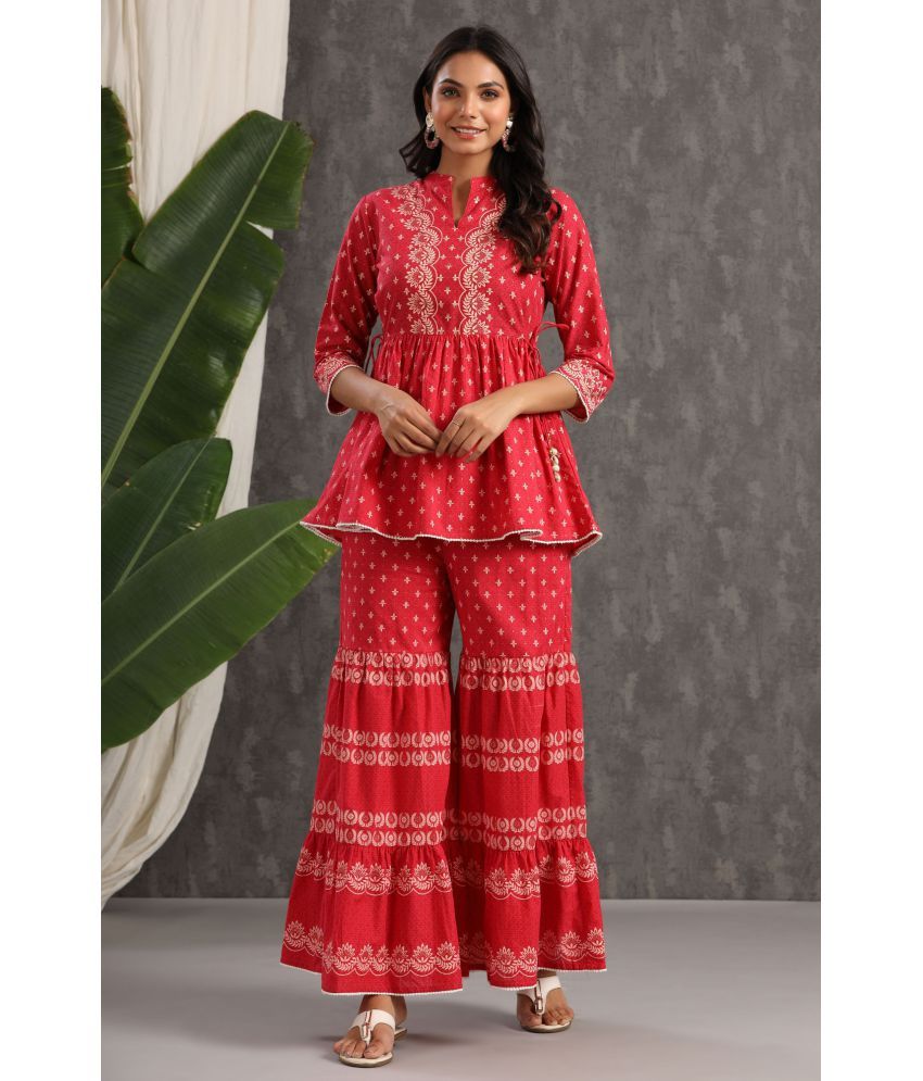     			Juniper Red Cotton Ethnic Top With Palazzo - Stitched Suit Single