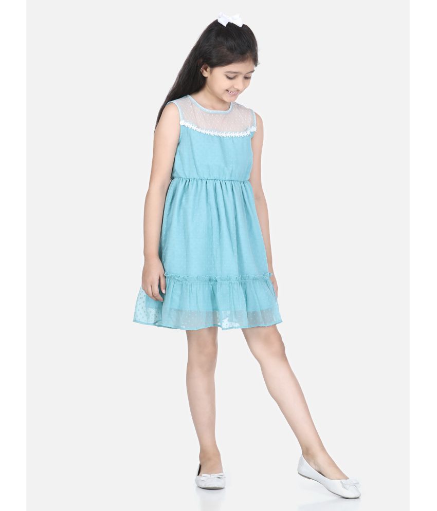     			StyleStone Girls Blue Polyester Self Design Dress with Net and Lace Inserts