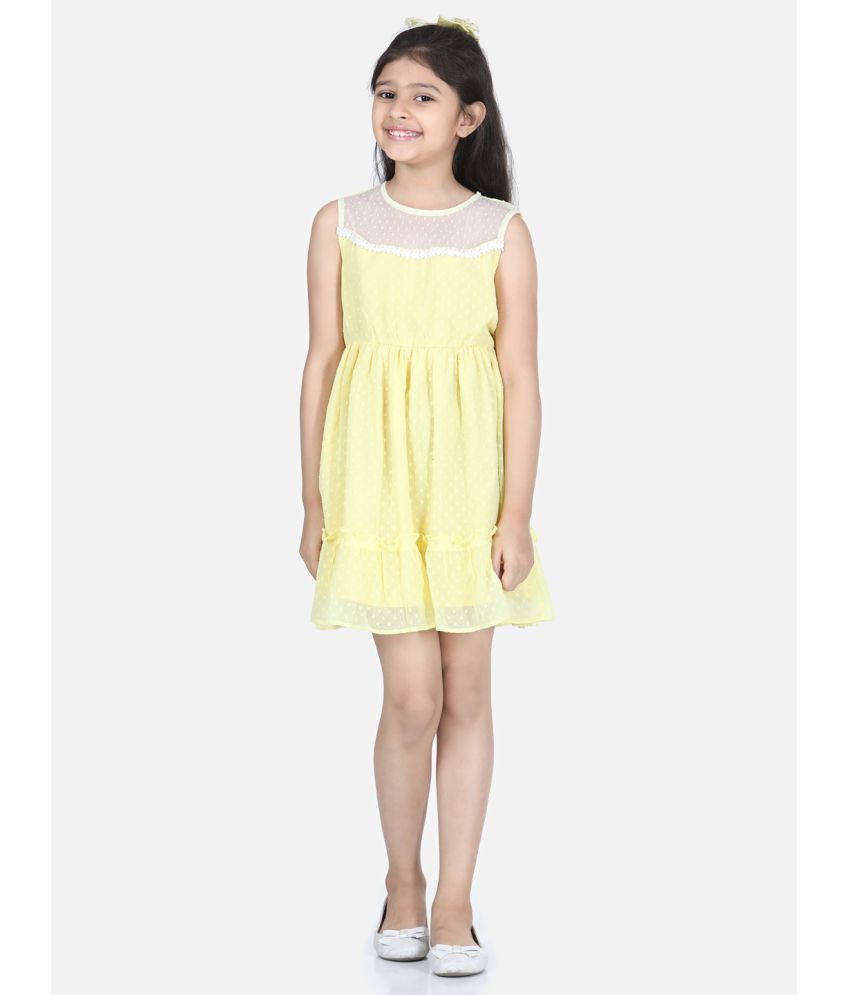     			StyleStone Girls Yellow Polyester Self Design Dress with Net and Lace Inserts