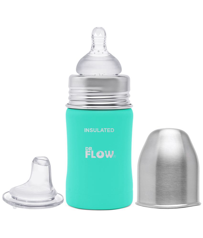 Dr.Flow Omega Insulated ThermoSteel Baby Feeding Bottle 180ml/6oz |100% Plastic free &  Non-Toxic Stainless Steel | 304 (18/8) Grade Stainless Steel | Anti Colic Silicone Teat | 10Hrs. Hot & Cold | DF9003, Green Color